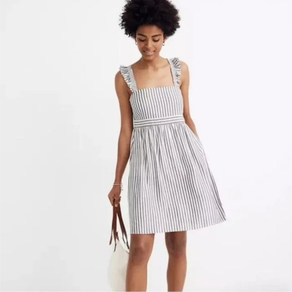 Madewell Dress Womens 6 Gray White Ruffle-Strap Empire‎ Striped Lined Coastal